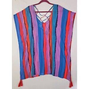 Palisades Beach Club Women Sz. M/L Swimsuit Cover-Up Tassels Sheer Cut Out Back